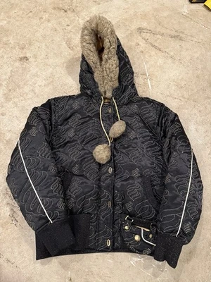 Rocawear Womens Size XL Down Jacket Y2K Logo Embroidered Cropped Hooded Fur - Image 1 of 4