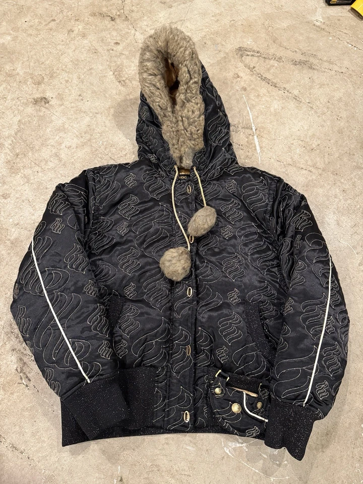 Rocawear Womens Size XL Down Jacket Y2K Logo Embroidered Cropped Hooded Fur - Image 1 of 4