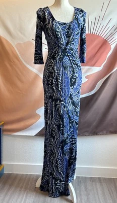 Matthew Williamson Printed Draped Black Blue Dress S Luxury Designer - Image 1 of 4