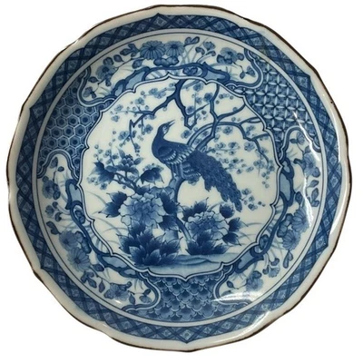 Cuenco de cerámica Imari pavo real azul blanco de cerámica de colección estilo asiático firmado en la parte posterior OS Foto 1 de 4