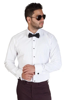 Men No Tag Lay Down White Tuxedo Dress Shirt Slim Fit Bow Cufflinks Studs AZAR - Image 1 of 4