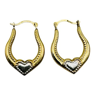 Vintage 14K Yellow And White Gold 3/4" Heart Hoop Earrings 0.6 Grams - Image 1 of 4