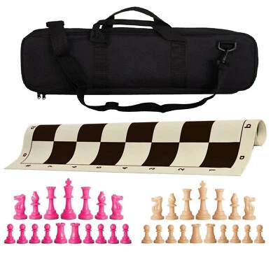 Juego de ajedrez ponderado negro de lujo - tablero de vinilo, bolsa con piezas rosas y naturales Foto 1 de 4