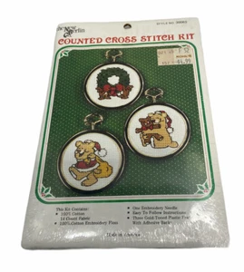 Vintage New Berlin Co. Cross Stitch Ornament Kit Teddy Bear  Wreath Santa  NOS - Picture 1 of 2