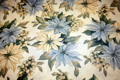 60 INCH WIDE BLUE AND WHITE POINTSETTIA AND GRAPES - 100% COTTON FABRIC - Image 1 of 4