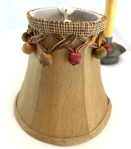 Light Brown Fabric Clip On Lamp Shade with Ball Fringe Trim 5" Tall - Picture 1 of 8