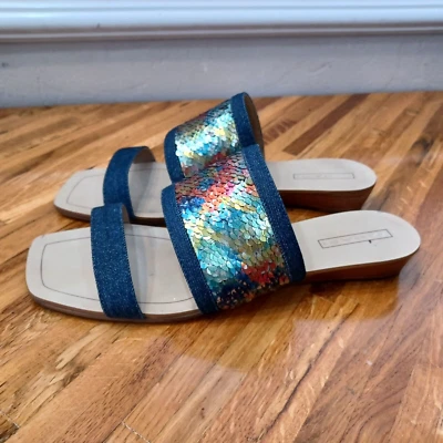 TAHARI Fern Women's Size 8.5 MERMAID TAIL Multi-Rainbow & Denim Sequined Sandals - Image 1 of 4