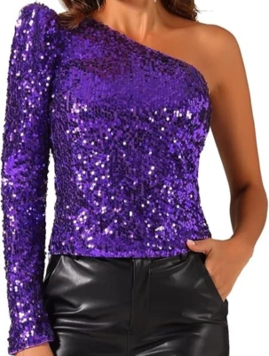 Allegra K Purple Sequined Top L One Shoulder Puff L/S Party Top Stage Wear NWT - Image 1 of 4
