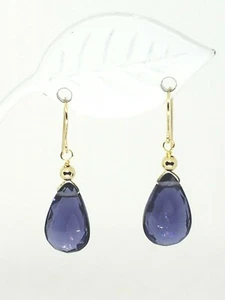 14k Yellow Gold Tanzanite Faceted Pear Briolette Drop Dangle Earrings - Picture 1 of 5
