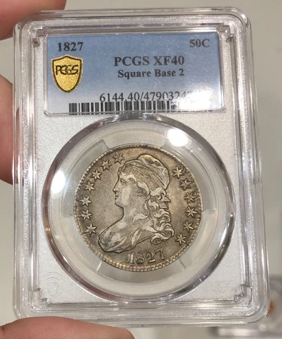 1827 Capped Bust Half Dollar graded XF40 by PCGS Square Base 2 Original Coin PQ+ Cover