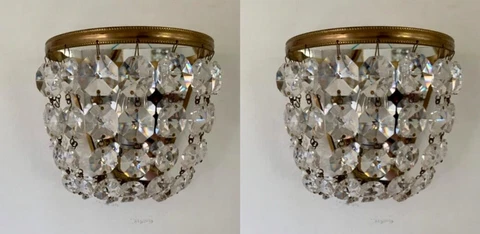 Pair Vintage French Gilded Crystal Wall Lights Sconces Chandelier Handbag Style Cover