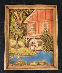 Arte de pared de plástico kitsch vintage Barn Mill Water Wheel & Creek 3D años 50 - Imagen 1 de 10