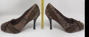 Naughty Monkey Brown Round Toe Slip On Pump 3.5" High Heels Buckle Size 10 - Picture 1 of 12