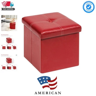 Durable Red Folding Ottoman Cube, Faux Leather for Footrest & Coffee Table - Image 1 of 4