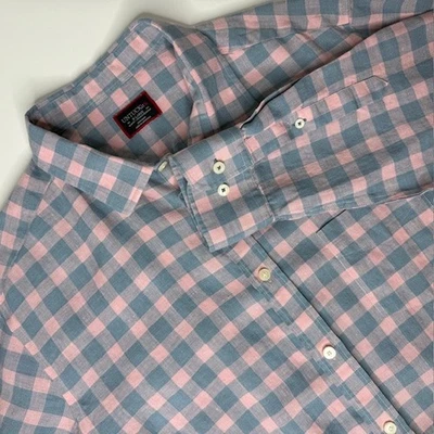 Camisa masculina UNTUCKit Sutton WR grande linho com botões azul rosa xadrez slim fit - Imagem 1 de 4