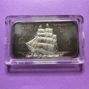 Barra de arte de plata fina vintage Old Ironsides 1797 1 oz Troy .999 parte posterior en blanco - Imagen 1 de 9
