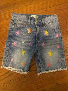 Jordache Bermuda Long High Rise Shorts Girls Denim Iridescent Stars Be Happy S 7 - Picture 1 of 4