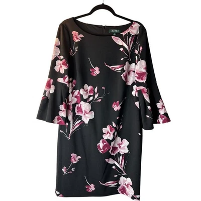 Vestido Lauren Ralph Lauren Mujer Talla 12 Negro Floral Manga Campana 3/4 Cambio Boho Foto 1 de 4