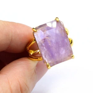 1PC Natural Polished Faceted Crystal Metal Open Ring Adjustable Gemstone Jewelry - Picture 1 of 15