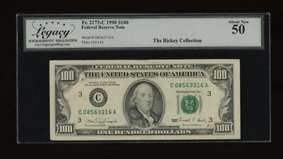DBR 1990 $100 FRN Philadelphia Fr. 2173-C Legacy AU-50 Serial C08563316A - Image 1 of 2