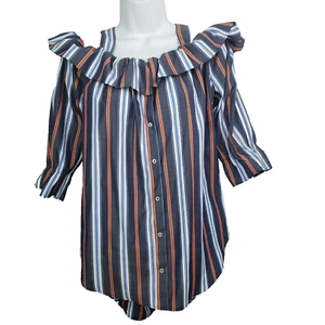 Janet Chung Striped Blouse Medium Off The Shoulder Ruffled Top Blue Shirt Hi-Low - Picture 1 of 10