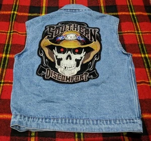 Vintage Denim Biker Vest Distressed Southern Discomfort Skull Patches Stitch M - Picture 1 of 4