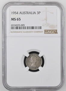 1954 Australia 3P Three Pence, QEII, KM# 51 NGC MS 65, Close to top pop!! - Picture 1 of 6