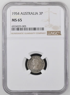 1954 Australia 3P Three Pence, QEII, KM# 51 NGC MS 65, Close to top pop!! - Image 1 of 4