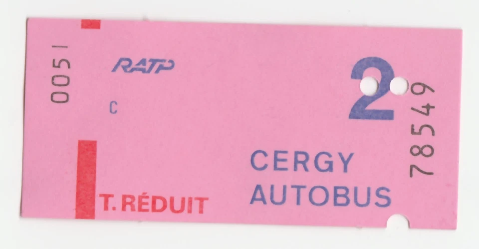 Ticket de bus Région Parisienne - Années 80 "RATP Cergy Autobus Tarif réduit" - Photo 1/2