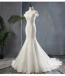 Custom made Lace mermaid wedding gown with Trail,Lace up Back bridal robe, - Picture 1 of 6