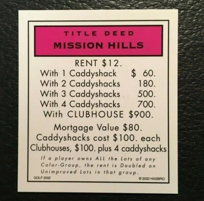 Monopoly   Golf MISSION HILLS   Title Deed Card    2002   NOS - Image 1 of 4