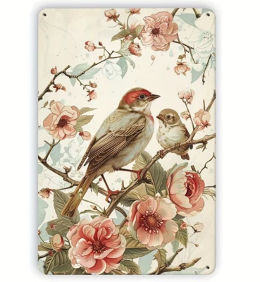 Rustic Country French Wall Decor Flowers Garden Robin Birds Spring  Metal Sign - Image 1 of 4