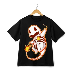 Pikachu Skeleton Charmander Graphic T-Shirt - Streetwear Halloween Anime Tee - Picture 1 of 21