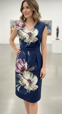 ESPRIT Dress Size 12 V-Neck Navy Floral Pleated Pencil Cotton Blend Party Work - Image 1 of 4