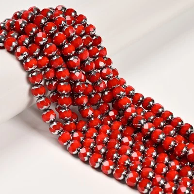 Vidrio de cristal rojo con cuentas redondas facetadas diseño plateado metálico 8 mm 12"" Str Foto 1 de 3