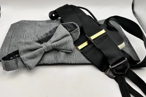 JoS. A. Bank Gray Cummerbund, Bow Tie, Suspenders Set Silk Pleated Adjustable - Picture 1 of 6