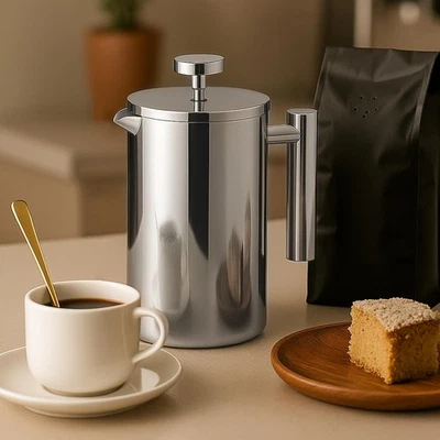 650Ml/4Up stainless steel French piezoelectric insulated silver coffee machine - Image 1 of 4