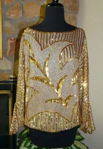 Vintage Judith Ann Creations 100% Pure Silk Heavily Sequin & Bed Top Sz M-L - Picture 1 of 12