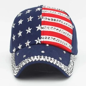 Gorra patriótica bandera estadounidense béisbol verano sol estrás deslumbrante azul - Imagen 1 de 9