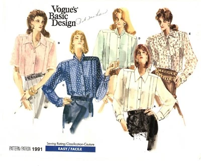 Vogue's Basic Design Sewing Pattern Women's BLOUSE 1991 Sz 6-8-10 UNCUT - Image 1 of 4