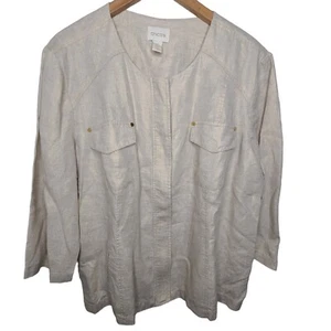 Chicos Womens Tan w Gold Sheen 100% Linen Jacket Zipper Front SZ XL Minimalist - Picture 1 of 7