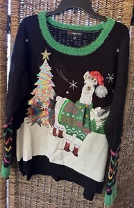 UGLY Christmas Sweater Women’s 3D Fuzzy Liama Black Holiday Sequins Size 2XL - Picture 1 of 5