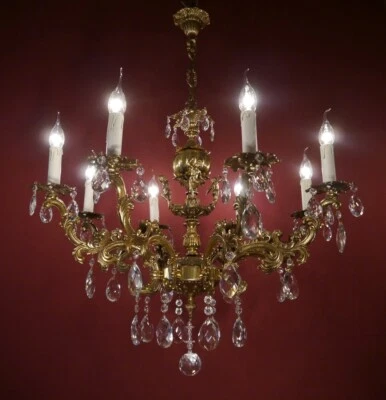 CHANDELIER BRASS CRYSTAL CHERUBS BROWN to GOLD COLOR CEILING LAMP 8 FIXTURES - Image 1 of 4