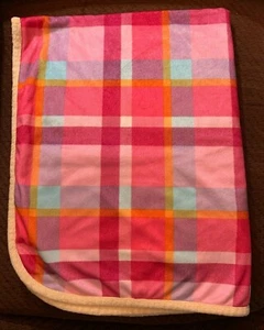 Kenneth Brown Pink Purple Plaid Yellow Trim Baby Blanket Chamois  - Picture 1 of 5