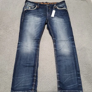 Rock Revival Jedrek Dark Wash Faded Indigo Distressed Straight Leg Jeans 44 x 33 - Picture 1 of 5