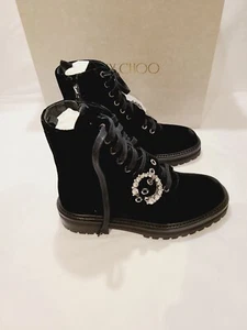 Jimmy Choo Cora Flat Boots. Black Velvet With Crystal Buckle. Ladies Size 37.... - Foto 1 di 9