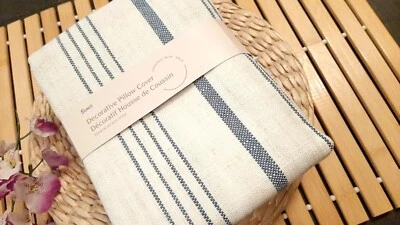 Pr Sunlit Farmhouse Thick Linen  Pillow Covers Cream White Blue Stripe 24", 26" - Image 1 of 2