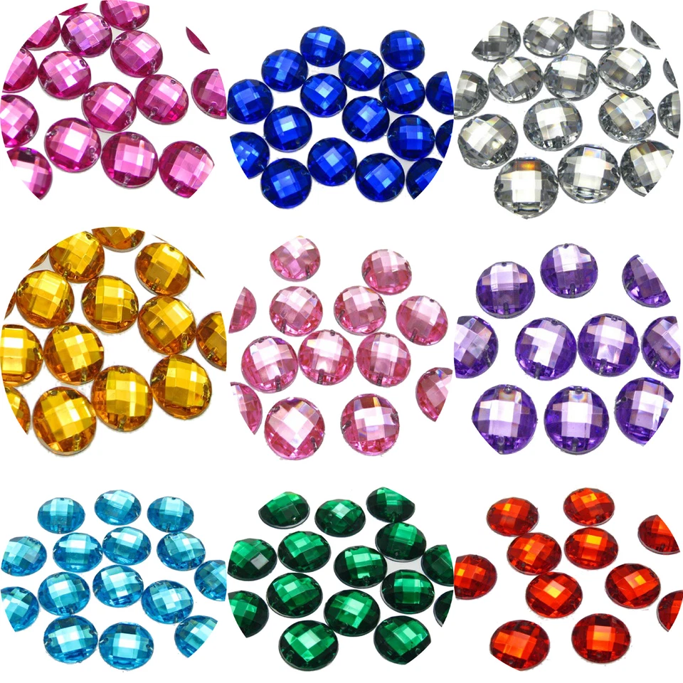100 Flatback Acrylic Sewing Rhinestone Round Button Gems 14mm Sew on beads - Image 1 of 4
