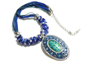 Multi Blue/Turquoise Corded Blue Faux Glass & Turquoise Enamel Pendant NECKLACE - Picture 1 of 10