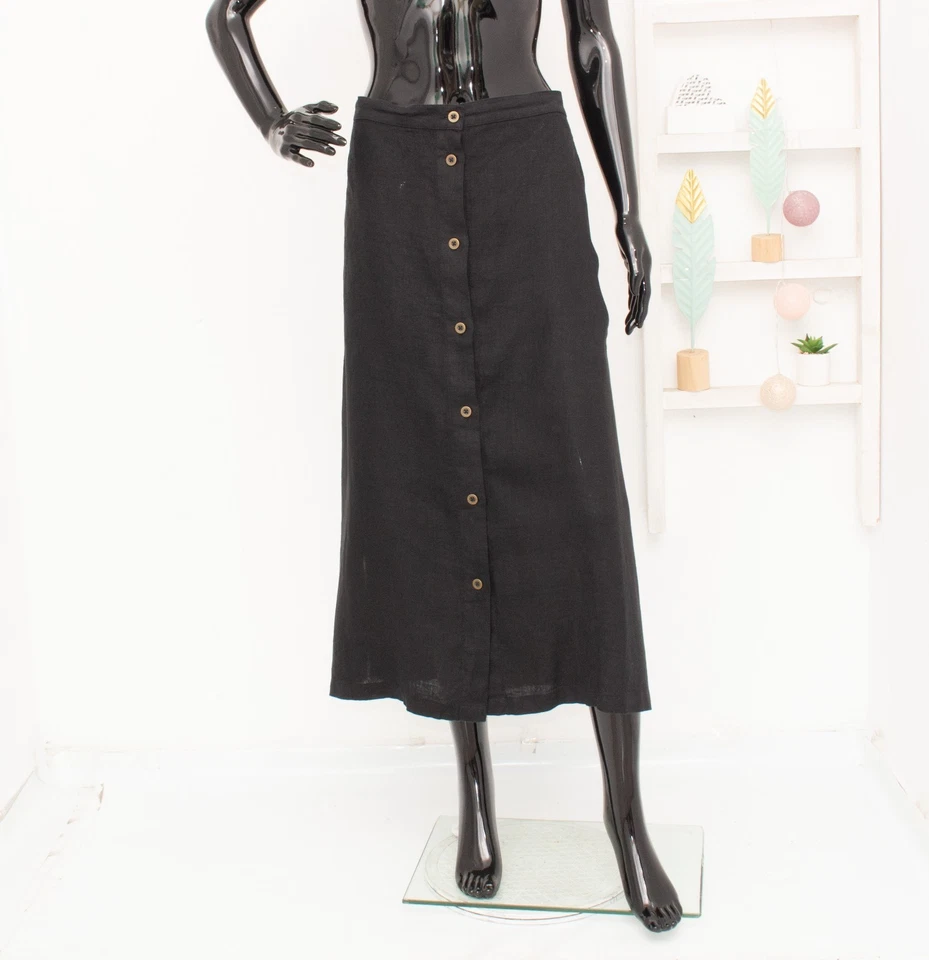 GUDRUN SJODEN Midi Skirt 100% Linen Black Button Down Front Elastic Waist XL - Image 1 of 4